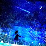  1girl clouds cloudy_sky commentary crescent_moon dress english_commentary falling_star from_behind full_body highres kumeki_(kk4615) long_hair looking_up moon original scenery sky socks solo star_(sky) starry_sky tree white_socks 