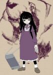  1boy 1girl ashtray black_eyes black_hair blood dress frilled_dress frills full_body high_score_girl holding looking_at_viewer oono_akira purple_dress shoes socks stool street_fighter tomotsuka_haruomi zangief 