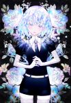  1other absurdres androgynous bangs crystal_hair diamond_(houseki_no_kuni) elbow_gloves flower gem gem_uniform_(houseki_no_kuni) gloves highres houseki_no_kuni leaf looking_at_viewer multicolored_hair necktie pazzi_(zzxh2354) rainbow_hair shirt short_hair short_sleeves shorts smile solo sparkle thigh-highs white_gloves 