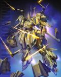  absurdres beam_saber character_name extra_arms flying full_body gundam highres holding holding_sword holding_weapon maeda_hiroyuki mecha mobile_suit no_humans redesign robot science_fiction space sword the_o violet_eyes weapon zeta_gundam 