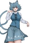  1girl animal_ears blue_eyes blue_hair blue_skirt blue_vest breasts cat_ears cat_tail fe_(tetsu) heterochromia highres large_breasts long_sleeves looking_at_viewer multiple_tails red_eyes shirt short_hair simple_background skirt solo tail tatara_kogasa tongue tongue_out touhou two_tails vest white_background white_shirt 
