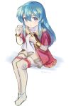  1girl aged_down bangs blue_hair boots bracelet eirika_(fire_emblem) fire_emblem fire_emblem:_the_sacred_stones fire_emblem_heroes full_body hair_between_eyes holding jewelry kwz_ini long_hair looking_at_viewer official_alternate_costume sidelocks sitting solo thigh_boots twitter_username white_background 