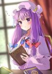  1girl blue_bow blue_ribbon blurry blurry_background blush book bow bowtie capelet chair crescent crescent_hat_ornament curtains hair_bow hat hat_ornament hat_ribbon highres holding holding_book long_hair mob_cap mukyuu one-hour_drawing_challenge open_book parted_lips patchouli_knowledge purple_hair reading red_bow red_ribbon ribbon shironeko_yuuki sitting sketch solo table touhou translation_request violet_eyes wide_sleeves window 