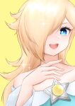  1girl bare_shoulders blonde_hair blue_eyes closed_mouth earrings hair_over_one_eye highres jewelry long_sleeves looking_at_viewer medium_hair rosalina simple_background smile solo star_(symbol) star_earrings super_mario_bros. super_mario_galaxy super_mario_galaxy_2 tomatomiya upper_body white_background 