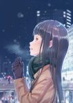 1girl absurdres black_hair blush breath city coat gloves highres long_hair michinoku_(hiking_miusan18) night open_mouth original outdoors profile scarf snow upper_body violet_eyes winter_clothes 