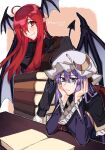 2girls alternate_costume book capelet gloves highres himadera holding holding_book koakuma long_hair multiple_girls patchouli_knowledge purple_hair reading red_eyes redhead tail touhou violet_eyes white_gloves wide_sleeves