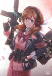  absurdres assault_rifle backpack bag breasts explosive girls_frontline gloves green_eyes grenade gun hair_ribbon hand_on_hip headphones highres holding holding_weapon howa_type_89 howa_type_89_(girls&#039;_frontline) looking_at_viewer medium_breasts multicolored_background pink_shirt pink_skirt ribbon rifle shirt shu70077 skirt smile stanag_magazine stuffed_animal stuffed_toy teddy_bear trigger_discipline twintails weapon 