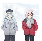  2girls bangs beanie black_headwear black_pants blue_background blue_eyes blue_hair breast_pocket chizuru_(madoka_magica) contemporary cowboy_shot flower grey_jacket grey_scarf grey_shirt grin hair_between_eyes hands_in_pockets hat hat_flower headband hood hooded_jacket jacket light_blue_hair long_hair long_sleeves looking_at_another looking_at_viewer magia_record:_mahou_shoujo_madoka_magica_gaiden mahou_shoujo_madoka_magica mizuna_tsuyu multiple_girls outline pants partially_unzipped pink_hair pocket ponytail red_eyes red_jacket scarf shirt short_hair short_ponytail sidelocks single_sidelock smile sonohi210 straight-on white_outline zipper 