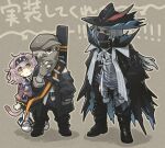 1girl 2boys :&lt; animal_ears arknights background_text bangs black_footwear black_hairband black_headwear black_jacket black_pants blue_bow boots bow braid cabbie_hat cat_ears cat_girl cat_tail character_request closed_mouth commentary_request fingerless_gloves gloves goldenglow_(arknights) grey_background grey_gloves grey_hair grey_headwear hair_between_eyes hair_bow hair_over_shoulder hairband hat highres jacket leaning_to_the_side lightning_bolt_print long_hair long_sleeves mask morini_ochiteru mouth_mask multiple_boys pants pink_hair pink_jacket print_hairband puffy_long_sleeves puffy_sleeves red_eyes shadow single_braid standing tail ulpianus_(arknights) v-shaped_eyebrows yellow_eyes