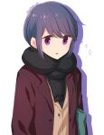  1girl atu bag blue_hair handbag highres scarf shima_rin short_hair solo violet_eyes white_background yurucamp 