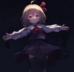 1girl ar_(maeus) ascot black_skirt black_thighhighs black_vest blonde_hair collared_shirt fang feet_out_of_frame hair_between_eyes hair_ribbon highres long_sleeves open_mouth red_ascot red_eyes red_ribbon ribbon rumia shirt short_hair skin_fang skirt solo thigh-highs touhou vest white_shirt 