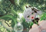  1girl :d absurdres aranara_(genshin_impact) bangs bloomers blurry commentary depth_of_field detached_sleeves dress forest from_below genshin_impact gradient_hair green_eyes hair_between_eyes hair_ornament hatoinu highres long_hair looking_at_viewer looking_down multicolored_hair nahida_(genshin_impact) nature pointy_ears short_sleeves side_ponytail sidelocks smile squatting sunlight symbol-shaped_pupils tree underwear white_dress white_hair 
