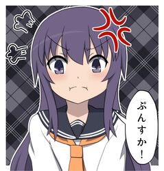  1girl =3 akatsuki_(kancolle) anger_vein bokota_(bokobokota) highres kantai_collection long_hair plaid plaid_background pout purple_hair school_uniform serafuku solo translation_request upper_body v-shaped_eyebrows violet_eyes 