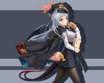  1girl bag black_pantyhose blue_archive blurry blurry_background breasts demon_tail demon_wings food halo haruna_(blue_archive) hat jacket medium_breasts military_hat necktie pantyhose paper_bag randle red_eyes smile solo tail taiyaki uniform wagashi window wings 
