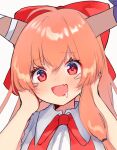  1girl :d bangs blush bow bowtie brown_horns cookie_(touhou) fang hair_bow hands_on_own_cheeks hands_on_own_face horns ibuki_suika long_hair looking_at_viewer nadhia_14 open_mouth orange_hair portrait red_bow red_bowtie red_eyes shirt simple_background skin_fang sleeveless sleeveless_shirt smile solo touhou white_background yamin_(cookie) 