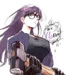  1girl bangs black-framed_eyewear black_gloves black_jacket black_shirt breasts choko_egg closed_mouth commentary_request countdown glasses gloves hammer highres holding holding_weapon jacket large_breasts long_hair looking_at_viewer minakata_hizuru mole mole_under_mouth purple_hair shirt simple_background sledgehammer solo summertime_render upper_body violet_eyes weapon white_background 