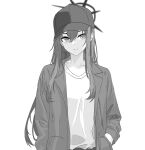  1girl baseball_cap blue_archive greyscale halo hand_in_pocket hat highres long_hair looking_at_viewer monochrome samess_333 saori_(blue_archive) shirt simple_background white_shirt 