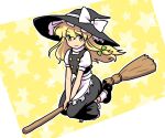  1girl apron bangs black_footwear black_headwear black_skirt black_vest blonde_hair bow broom broom_riding closed_mouth commentary_request frilled_apron frilled_skirt frills full_body green_bow hair_between_eyes hair_bow hat hat_bow kirisame_marisa long_hair looking_at_viewer muu_(mumumer) puffy_short_sleeves puffy_sleeves shirt shoes short_sleeves skirt smile socks solo starry_background touhou two-tone_background very_long_hair vest waist_apron white_apron white_background white_bow white_shirt white_socks witch_hat yellow_background yellow_eyes 