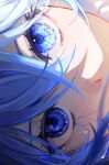  1girl 58_(opal_00_58) absurdres bangs blue_eyes blue_hair blurry blurry_foreground close-up covered_mouth crossed_bangs english_commentary exif_rotation highres light light_blush looking_at_viewer mismatched_pupils original sidelocks solo sunlight 