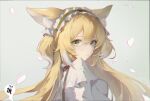  1girl animal_ear_fluff animal_ears arknights bangs blonde_hair brown_hairband closed_mouth commentary_request fox_ears frilled_hairband frills from_side green_eyes grey_background hair_between_eyes hairband highres jacket long_hair looking_at_viewer looking_to_the_side multicolored_hair petals simple_background solo suzuran_(arknights) suzuran_(spring_praise)_(arknights) traditional_media two-tone_hair two_side_up upper_body white_hair white_jacket zhupinru97701 