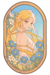  1girl bare_shoulders blonde_hair blue_flower blush commentary dress floating_hair flower green_eyes grin highres leaf long_hair looking_away pointy_ears princess_zelda rutiwa sleeveless sleeveless_dress smile solo strapless strapless_dress the_legend_of_zelda the_legend_of_zelda:_breath_of_the_wild upper_body very_long_hair white_dress white_flower 