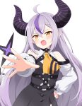  1girl absurdres ahoge angry ascot black_dress blush commentary demon_girl demon_horns detached_sleeves dress felutiahime grey_hair highres hololive horns la+_darknesss long_hair looking_at_viewer multicolored_hair o-ring open_mouth outstretched_hand pointy_ears purple_hair simple_background slit_pupils solo streaked_hair striped_horns upper_body virtual_youtuber white_background white_sleeves yellow_ascot yellow_eyes 