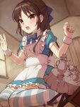  1girl alice_(alice_in_wonderland) alice_(alice_in_wonderland)_(cosplay) alice_in_wonderland apron artist_request blue_bow blue_bowtie blue_dress blue_thighhighs bow bowtie brown_eyes brown_hair cosplay cup dress giant giantess hair_bow highres idolmaster idolmaster_cinderella_girls indoors long_hair name_connection open_mouth puffy_short_sleeves puffy_sleeves saucer short_sleeves sitting solo spoon striped striped_thighhighs sweatdrop table tachibana_arisu teacup teapot thigh-highs wariza white_apron white_thighhighs wrist_cuffs 