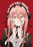  1girl chainsaw_man cross-shaped_pupils double_v hair_between_eyes highres horns long_hair looking_at_viewer maid maid_headdress pink_hair power_(chainsaw_man) red_background red_horns ribbon simple_background smile solo v woruworu_61 yellow_eyes 