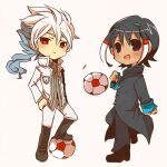  2boys ball bangs black_coat black_footwear black_hair blue_hair blush boots closed_mouth coat expressionless full_body grey_hair grey_shirt hair_between_eyes hakuryuu_(inazuma_eleven) inazuma_eleven_(series) inazuma_eleven_go jacket long_hair long_sleeves looking_at_viewer male_focus multicolored_hair multiple_boys open_mouth pants ponytail red_eyes shirt shuu_(inazuma_eleven) simple_background smile soccer_ball uru_uzuki white_background white_hair white_jacket white_pants 