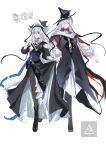  2girls arknights bare_shoulders black_coat black_dress black_footwear black_headwear black_pantyhose boots breasts chinese_text closed_mouth clothing_cutout coat dress frilled_sleeves frills full_body gladiia_(arknights) gladiia_(return)_(arknights) grey_hair hair_over_one_eye hand_on_hip hat highres knee_boots long_hair long_sleeves looking_at_viewer medium_breasts multiple_girls official_alternate_costume pantyhose parted_lips pointy_ears red_eyes shoulder_cutout skirt_hold specter_(arknights) specter_the_unchained_(arknights) standing very_long_hair zuo_daoxing 
