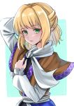  1girl arm_warmers bangs black_shirt blonde_hair blush brown_shirt commentary expressionless flat_chest green_eyes half_updo highres looking_at_viewer mizuhashi_parsee otsu_toho parted_lips scarf shirt short_hair short_sleeves solo touhou undershirt upper_body white_scarf 
