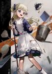  1girl absurdres apron blonde_hair blue_eyes book bow broom bucket bucket_of_water card copyright_name emilico_(shadows_house) english_text hair_bow highres hirooriginals holding holding_broom legs long_hair maid maid_apron open_mouth playing_card shadows_house solo twintails two_side_up 