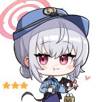  1girl blue_archive coffee coffee_cup cup demon_tail demon_wings disposable_cup doughnut food halo haruna_(blue_archive) highres necktie police police_uniform policewoman red_eyes simple_background tail uniform white_hair wings yanggaengwang 