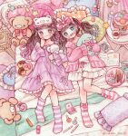  2girls bangs beads bed blue_eyes book bow brown_hair candy cardigan cellphone checkered_pillow cup dress drink food frilled_pillow frills from_above hair_bow head_on_pillow heart heart_pillow holding holding_stuffed_toy indoors lollipop long_hair long_sleeves macaron makeup multiple_girls nail_polish_bottle object_hug on_bed open_book original painting_(medium) pajamas phone pillow pink_bow pink_cardigan pink_socks pink_theme pocky purple_dress purple_socks sakano_machi sleep_mask smile sock_bow socks star_(symbol) striped striped_socks stuffed_animal stuffed_toy swirl_lollipop table teddy_bear traditional_media twintails violet_eyes watercolor_(medium) white_dress wide_sleeves yume_kawaii 