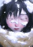  1girl absurdres bangs black_hair blush brown_scarf closed_eyes closed_mouth eyelashes faux_traditional_media full-face_blush hair_between_eyes hatena_(nazequestion) highres lips nose_blush original pink_lips scarf snow snow_on_body snow_on_face snow_on_head snowing winter 