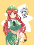 2girls :3 angry apron ascot beret blue_eyes blush bow braid breasts chibi clenched_hand colonel_aki commentary_request dress green_vest hair_bow hair_intakes hat hong_meiling izayoi_sakuya large_breasts long_hair maid maid_apron maid_headdress multiple_girls open_mouth redhead short_sleeves side_slit skirt sparkle star_(symbol) touhou twin_braids vest