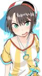  1girl aqua_eyes black_hair henoeno highres hololive multicolored_clothes multicolored_headwear oozora_subaru shirt short_hair sideways_hat solo stopwatch stopwatch_around_neck striped striped_shirt tied_shirt upper_body virtual_youtuber whistle whistle_around_neck 