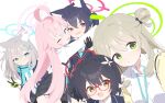  5girls :d ahoge animal_ear_fluff animal_ears ayane_(blue_archive) black_bow black_gloves black_hair blazer blue_archive blue_eyes blue_necktie blue_ribbon blue_scarf bow braid cat_ears closed_mouth collared_shirt cross_hair_ornament extra_ears fang flower gloves green_eyes green_gloves grey_hair grey_skirt hair_bow hair_flower hair_ornament hair_ribbon halo highres hoshino_(blue_archive) hug jacket lanyard light_blush light_brown_hair long_hair looking_at_viewer mismatched_pupils multiple_girls necktie nonomi_(blue_archive) one_eye_closed open_clothes open_jacket pink_hair plaid plaid_skirt pointy_ears red-framed_eyewear red_eyes ribbon scarf school_uniform serika_(blue_archive) shiroko_(blue_archive) shirt short_hair simple_background skin_fang skirt smile two-tone_gloves urotsuki_(2013.04) v white_background white_shirt wolf_ears yellow_eyes 