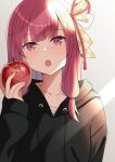  1girl apple blurry depth_of_field food fruit highres holding holding_food holding_fruit hood hoodie kotonoha_akane long_hair nekosination open_mouth pink_eyes pink_hair simple_background solo upper_body voiceroid 