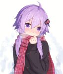  1girl ahoge blush breath looking_at_viewer nekosination purple_hair scarf snowing solo violet_eyes voiceroid winter yuzuki_yukari 