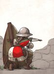  1girl bolt boots braid brown_footwear brown_hair crossbow english_commentary from_behind gambeson goddess_of_victory:_nikke helmet holding holding_crossbow holding_weapon kneeling medieval original pavise quiver sheath sheathed single_braid solo stone_wall sword vanishlily wall weapon 