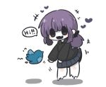  +++ 1girl :d animal bangs bird black_hoodie black_skirt blush_stickers commentary_request english_text fang flying_sweatdrops ghost heart highres hood hood_down hoodie long_hair low_ponytail original pleated_skirt ponytail purple_hair shadow simple_background skirt smile solo stitches uni_souchou violet_eyes white_background 