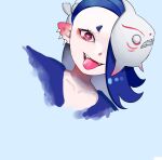  1girl blue_hair hair_over_one_eye highres long_hair octoling octoling_girl one_eye_covered po!son red_eyes shiver_(splatoon) solo spiked_ear_piercing splatoon_(series) splatoon_3 tentacles tongue tongue_out upper_body 
