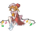  1girl alternate_eye_color ascot blonde_hair bloomers collared_shirt commentary_request exkagerou8665 flandre_scarlet frilled_sleeves frilled_socks frills hat hat_ribbon highres mob_cap no_shoes one-hour_drawing_challenge puffy_short_sleeves puffy_sleeves red_ribbon red_skirt red_vest ribbon shirt short_sleeves side_ponytail simple_background sitting sketch skirt socks solo touhou underwear vest white_background white_bloomers white_headwear white_shirt white_socks wings yellow_ascot yellow_eyes 