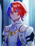  1boy alear_(fire_emblem) alear_(fire_emblem)_(male) ascot bangs blue_eyes blue_hair closed_mouth commentary_request cropped_jacket crossed_bangs fire_emblem fire_emblem_engage hair_between_eyes heterochromia highres indoors jacket looking_away male_focus multicolored_hair red_eyes redhead short_hair solo tomo_shirasu two-tone_hair upper_body white_ascot white_jacket 