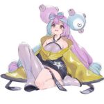 132_(353488448) 1girl @_@ bow-shaped_hair character_hair_ornament grey_pantyhose hair_ornament hexagon_print highres iono_(pokemon) jacket long_hair low-tied_long_hair multicolored_hair oversized_clothes pantyhose pokemon pokemon_(game) pokemon_sv sharp_teeth single_leg_pantyhose sleeves_past_fingers sleeves_past_wrists split-color_hair teeth twintails very_long_sleeves x yellow_jacket