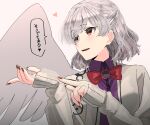  1girl blush dress feathered_wings grey_hair grey_jacket heart irohasu_(sasagarasu) jacket kishin_sagume long_sleeves open_clothes open_jacket open_mouth purple_dress red_eyes short_hair single_wing solo speech_bubble touhou translation_request upper_body white_wings wings 