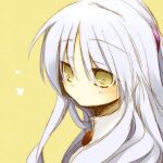  1girl angel_beats! blush closed_mouth commentary_request expressionless grey_hair long_hair lowres necktie red_necktie shirt simple_background solo tachibana_kanade uru_uzuki white_shirt yellow_background yellow_eyes 
