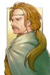  1boy brown_eyes brown_hair cape closed_mouth facial_hair gensou_suikoden headband highres lepant_(suikoden) male_focus mustache natsuo_(hatohaco) ponytail simple_background solo 