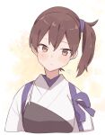  1girl brown_eyes brown_hair commentary_request head_tilt highres japanese_clothes kaga_(kancolle) kantai_collection long_hair looking_at_viewer muneate ringo_kureru side_ponytail simple_background solo tasuki tsurime upper_body white_background 
